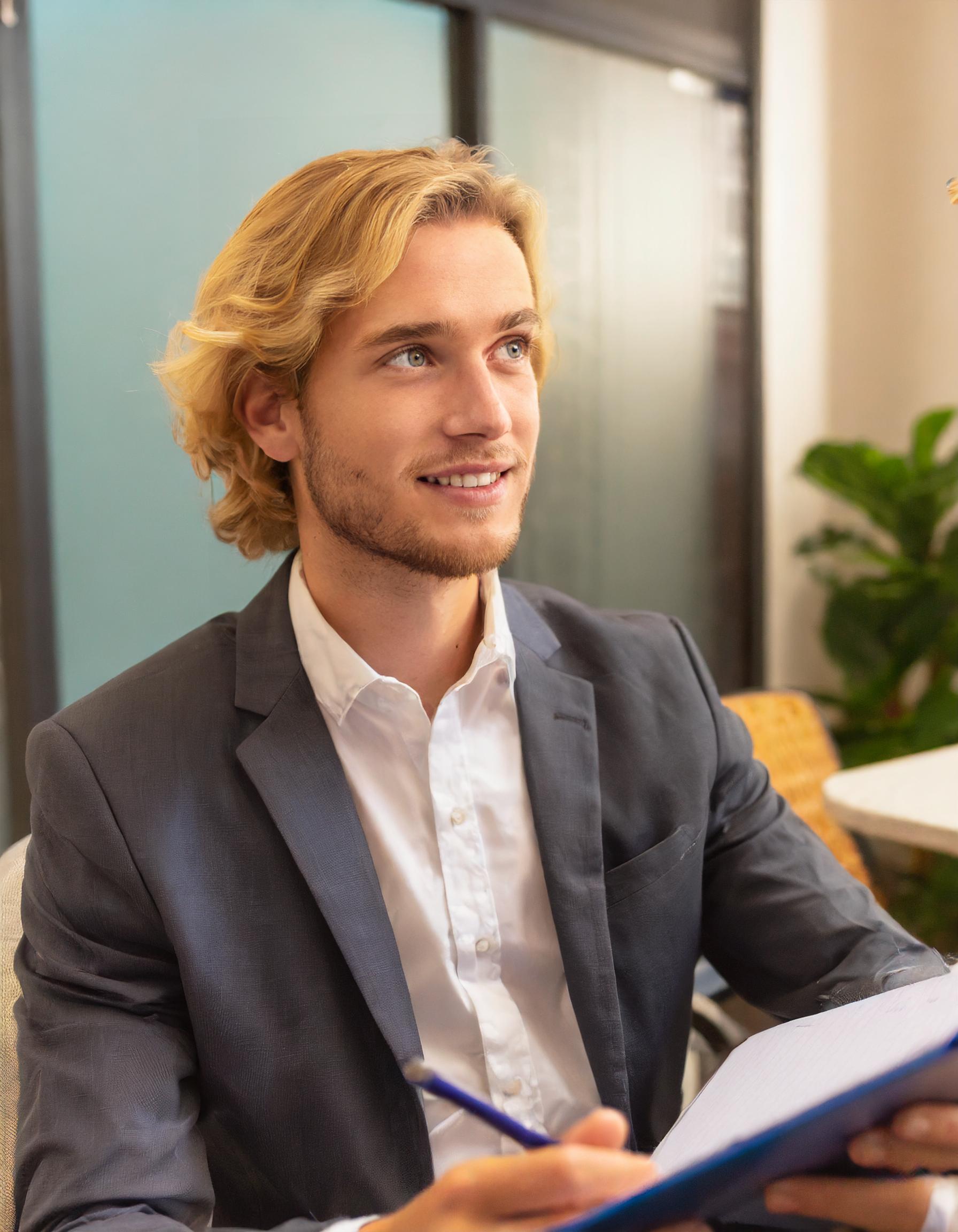Person in formeller Kleidung, vor einem klassischen Hintergrund